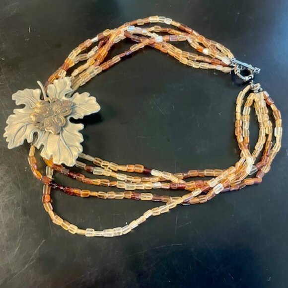 Orange Red Yellow Brown Spessartitle squ bead necklace W/ Steph Dweck Pin - Picture 5 of 12